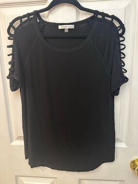 august silk Black Short Sleeve Top with Ladder Cutout Shoulders